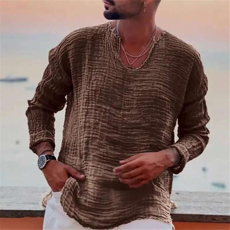 Men's youth en casual loose V-neck washed water frayed long sleeved shirt, 2025 new style, chic and elegant clothing