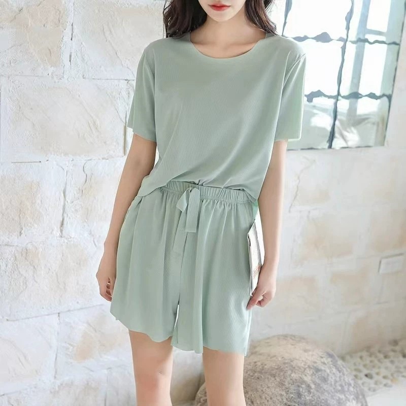 XS4-Ice silk pajamas women summer short-sleeved trousers three-piece suit home clothes cute summer new style