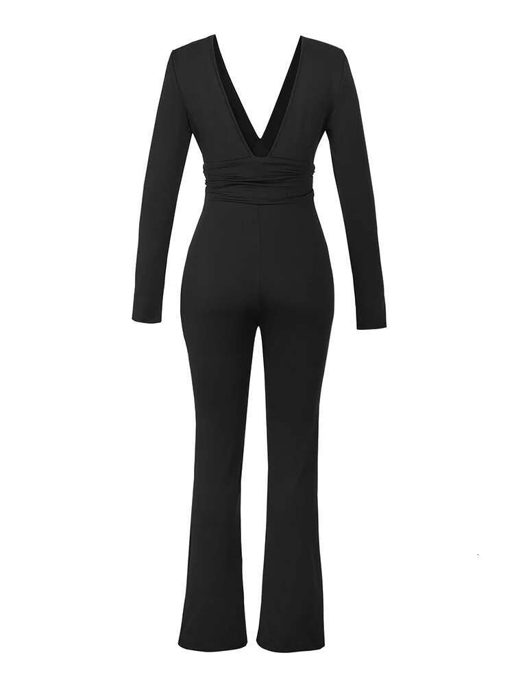 Black Pleated Big Flare V Neck Skinny Jumpsuit Pants Women Sexy Slim Backless Long Sleeve Trousers