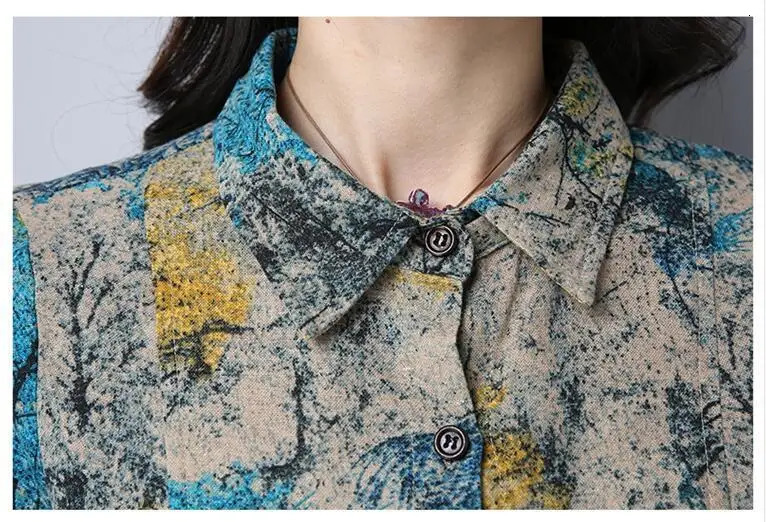 #0130 Long Sleeve Shirt Women Tie Dye Floral Print Cotton Linen Ladies Slim Casual Vintage Single Breasted 250311