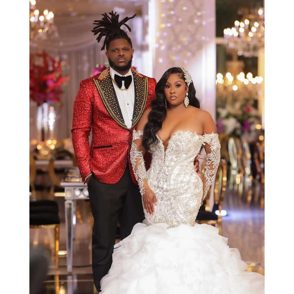 Elegant Mermaid Beading Lace, Off Shoulder, Sequin Wedding Dresses, Ruffles Train Bridal Dress