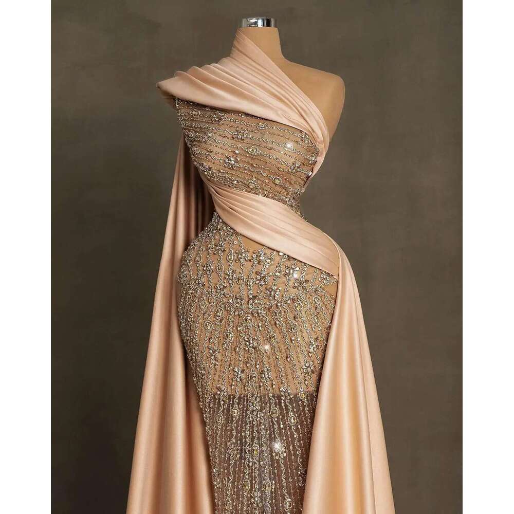 Fashion one shoulder prom of the female sleeveless mermaid crystal beads custom evening dresses formal party dress