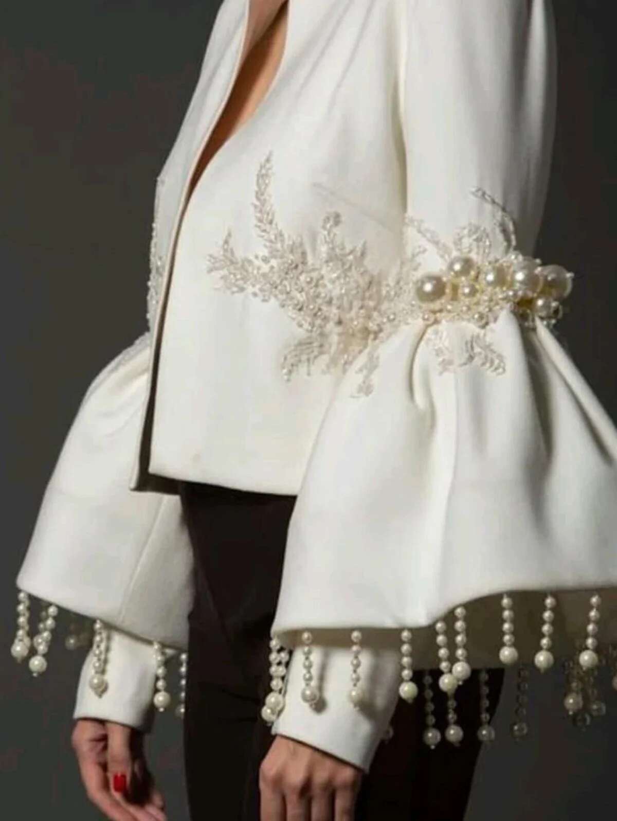 Women Tassel Jacket Fashion Elegant Stand Collar Pearl Fringed Decor Embroidery Flare Sleeve Coat Autumn Winter Outwear