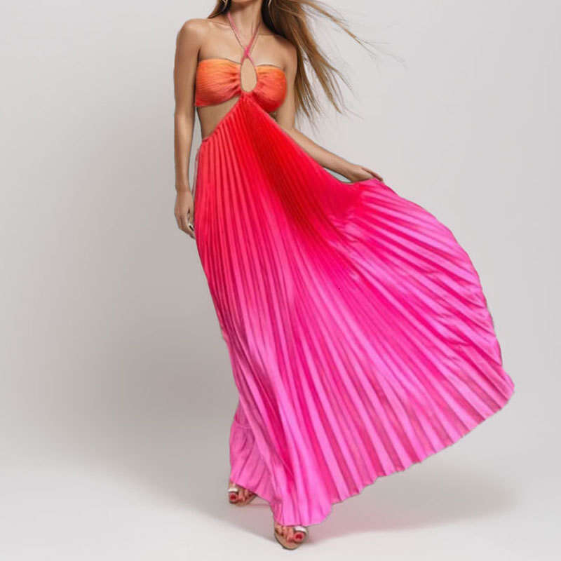 Women's Clothing 2025 New Summer Gradient Color Hanging Neck Pleated Fashionable Long Skirt Beach Vacation Dress KLMY