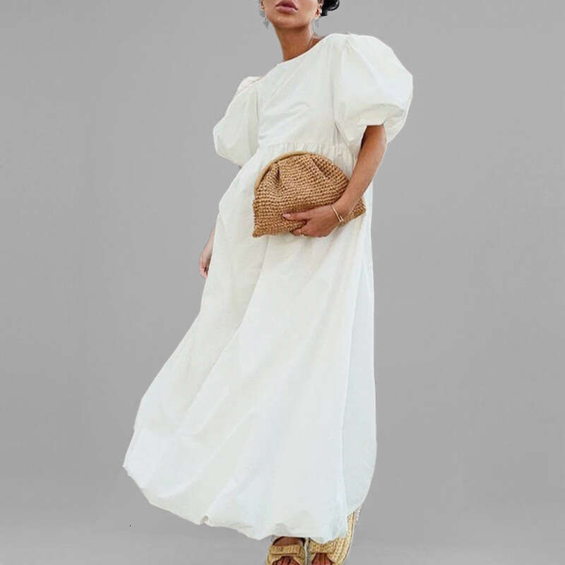 2025 Spring/Summer New Women's Round Neck Bubble Sleeve Solid Color Loose Style Dress For Women KLMY