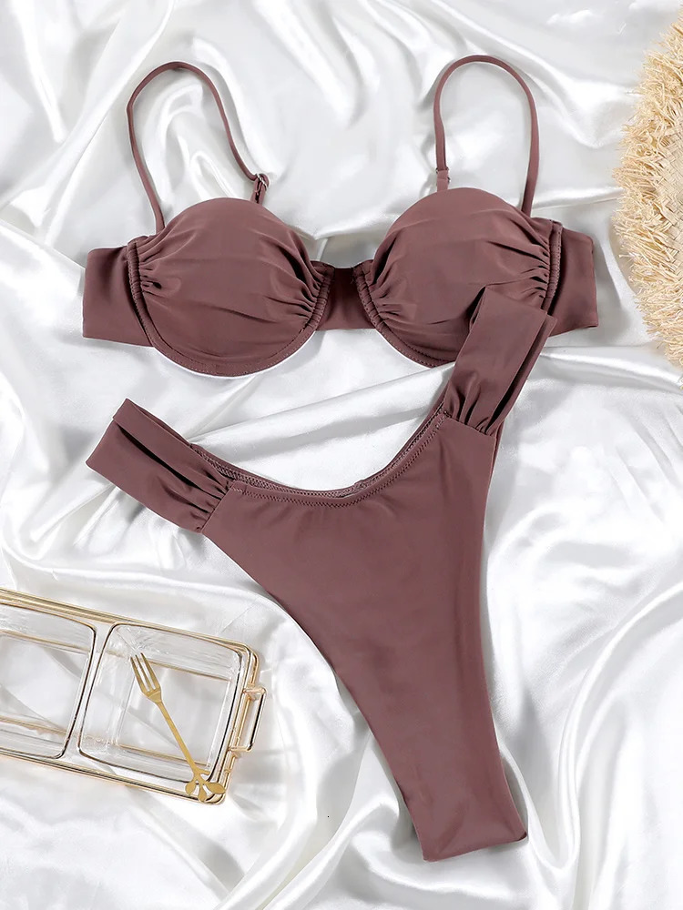 Miyouj Womens Bikini Sets High Cut Swimwear Push Up Swimsuit Solid Color Biquini Bathsuit Two Piece Suits 250310