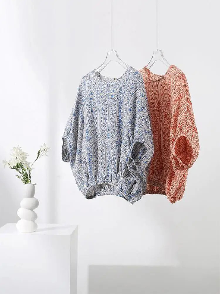Elegant loose womens retro bow print shirt for office ladies summer Korean batsleeves casual full matching chic top 250311