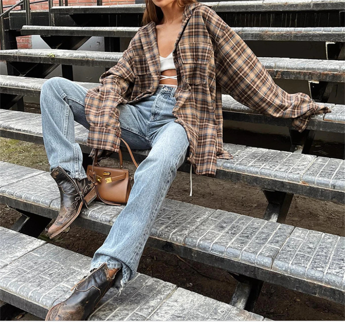 Womens Vintage Loose Plaid Blouse Spring Autumn Long Sleeve Oversized Tops Fashion High Street Single Breasted Shirts West Cowboy 250311