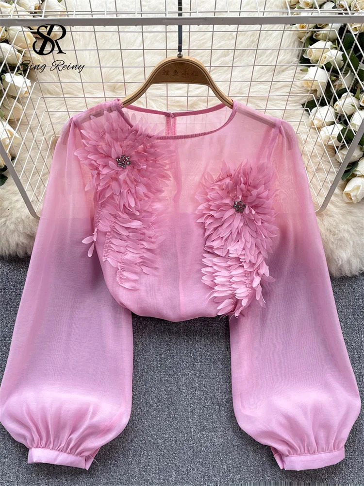 Singreiny Spring loose satin shirt womens Oneck long sleeved transparent bohemian top 3D floral casual 250310