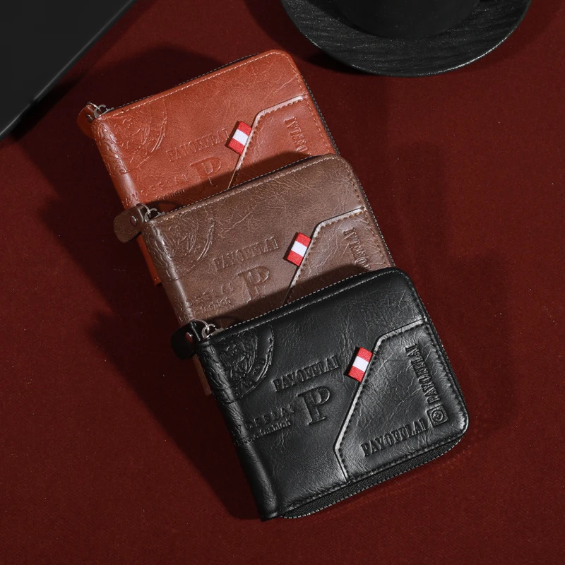 Mens Zipper Short Wallet Multi Card Cardholder PU Leather Double Fold with Coin Pocket Gift 250311