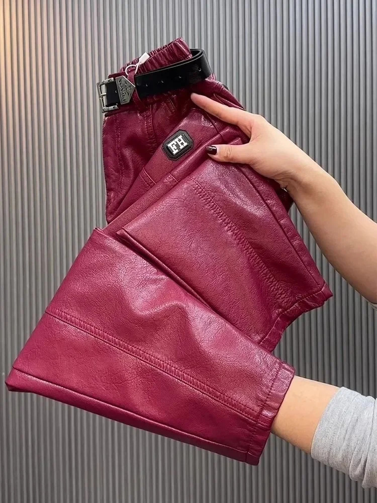 Fashion Y2k Leather Pants High Quality PU Casual Straight Leg Pants Loose Slimming Plus Size Highs Waist Hair Trousers Women 250305