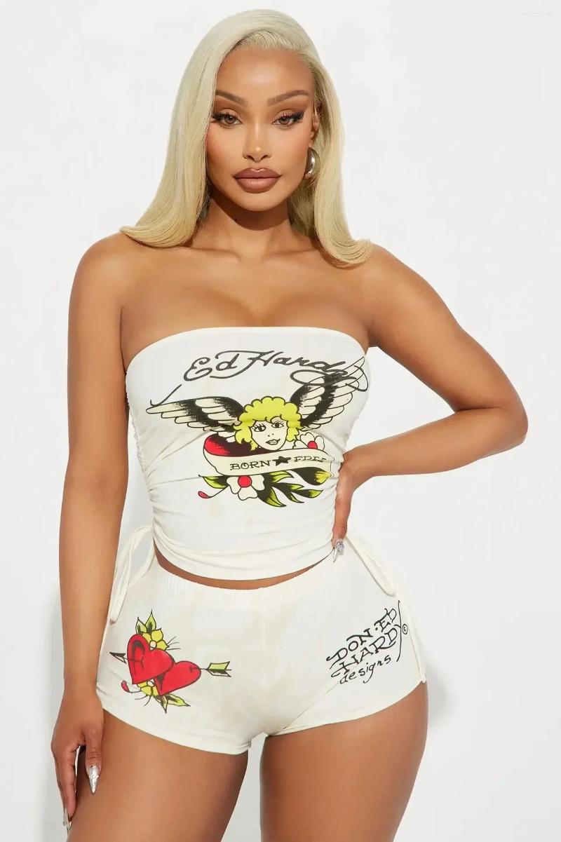 Women's Tracksuits European Style Strapless Crop Top And Shorts Set Print Streetwear 2025 Summer Sexy Matching Two 2 Piece Sets Outfits