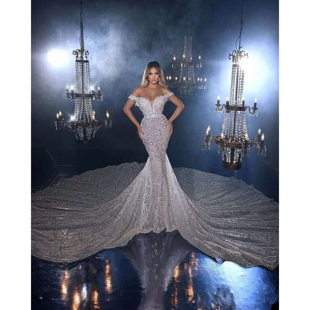 Exquisite Arabic Ace Ebi Mermaid White Off Shoulder Lace Worship Long Train Bridal Dresses Dress