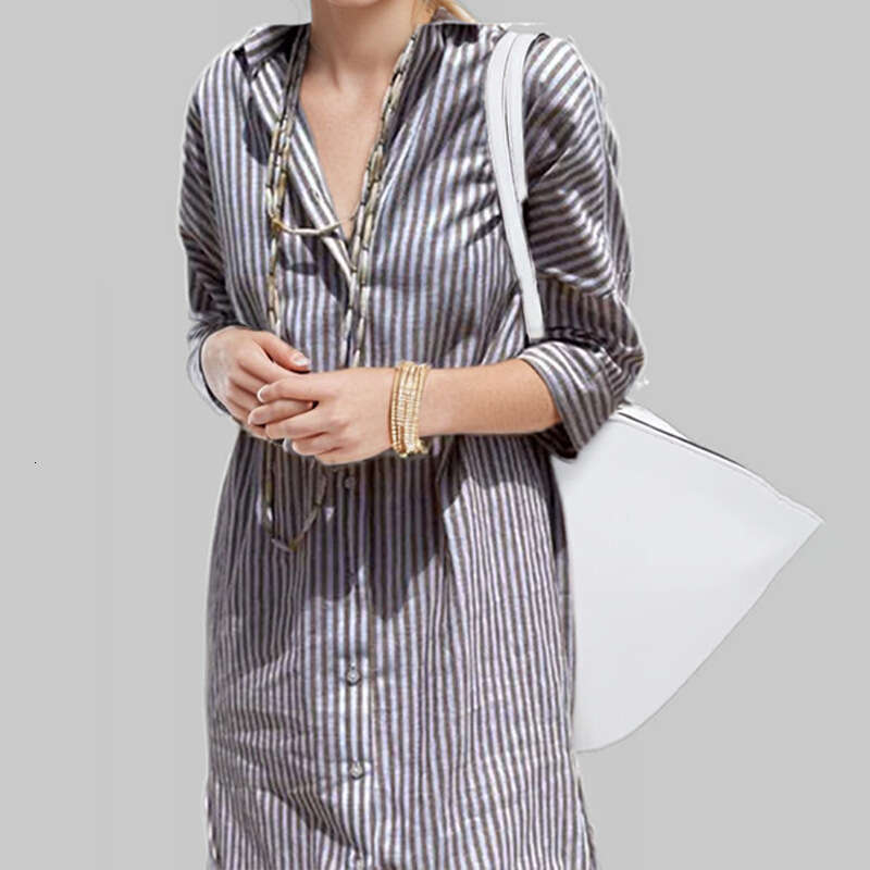 Women's Clothing 2025 Spring Fashion New Striped Cardigan Seven Quarter Sleeve Shirt Collar Dress KLMY