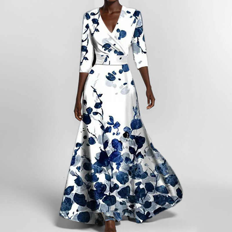2025 Spring Festival Women's Fashion Elegant Temperament V-Neck Printed Pleated Skirt Long Dress KLMY
