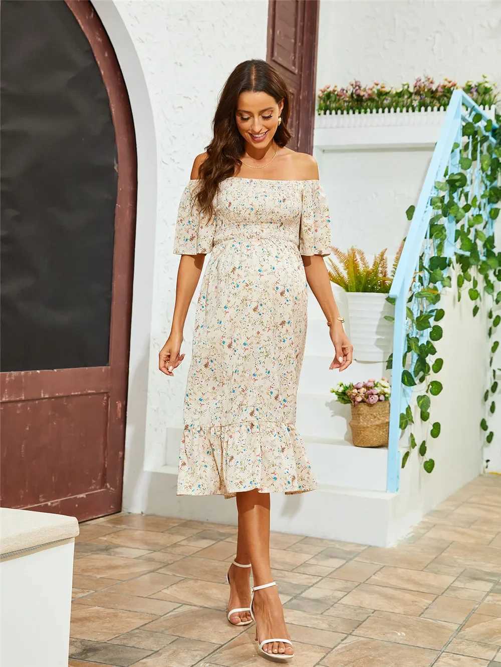 Summer Floral Maternity Chiffon Dress Casual Long Pregnancy Photoshoot Dress For Pregnant Women Short Sleeve Photography ClothesT250311