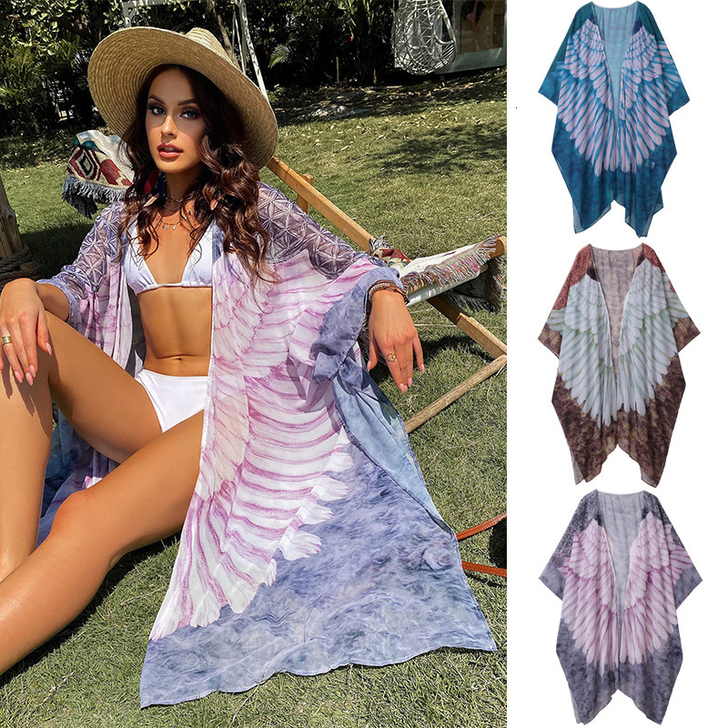Beach Printed Wings Loose Long Sleeve Knitted Cardigan Sunscreen Bikini Hoodie