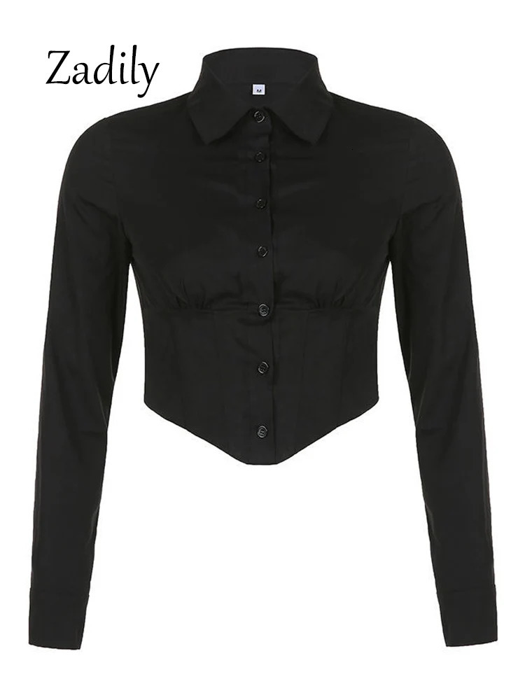 Spring Sexy Long Sleeve Women White Shirt Blouse Korea Style Button Up Slim Waist Y2K Crop Tops Female Cardigan Clothing 250311