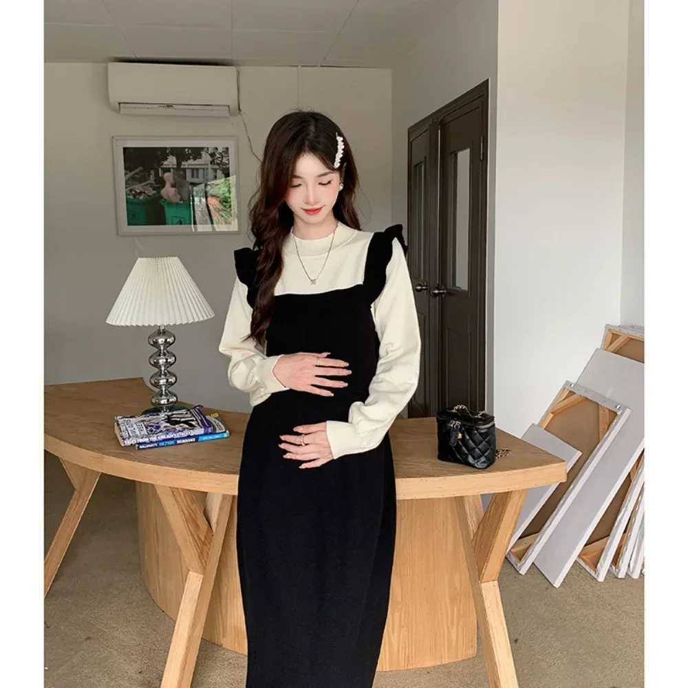 Maternity Dress Autumn Winter Long Sleeve Stitching Fake Two Pieces Clothes for Pregnant Women Knitted Pregnancy DressesT250311