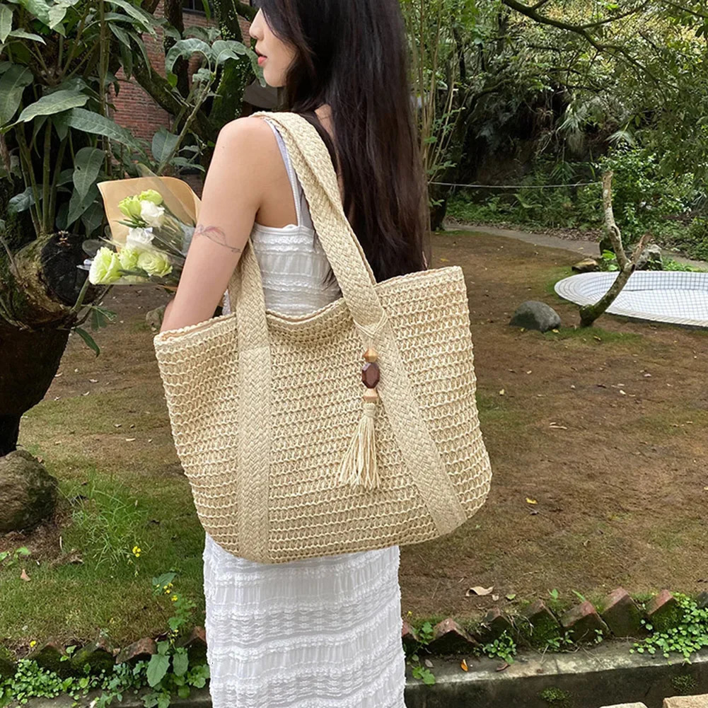 Womens Summer Straw Bag Handmade Shoulder Large Capacity Handbag Pendant Top 250311