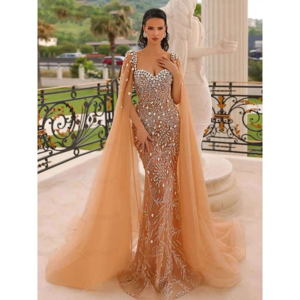 Prom dress long pearls and stones with crystals cape Dubai dress Arabic the evening dress