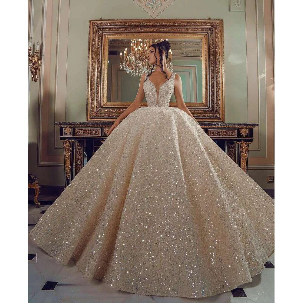 Arabic lace sequins beads dresses 2025 customize v neck country wedding dress