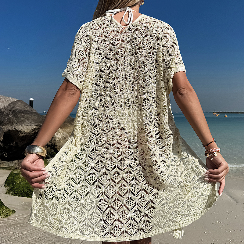 Hollow Knit V-Neck Loose Side Drawstring Slit Sexy Seaside Vacation Beach Sunscreen Cover Skirt