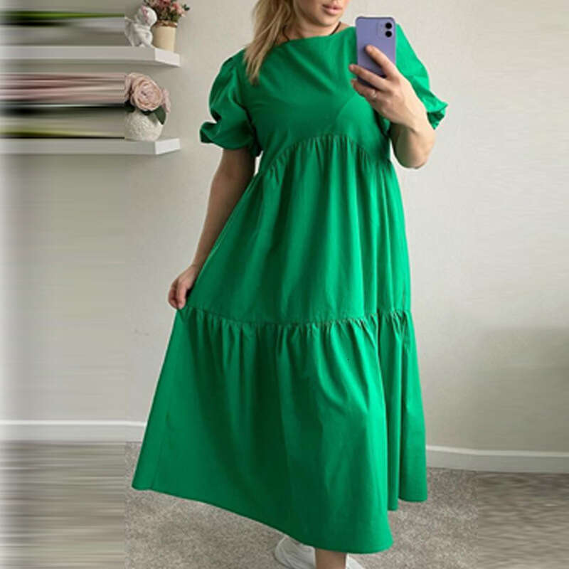 Spring New Style Solid Color Casual Fashion Round Neck Short Sleeve Loose Dress 661 KLMY