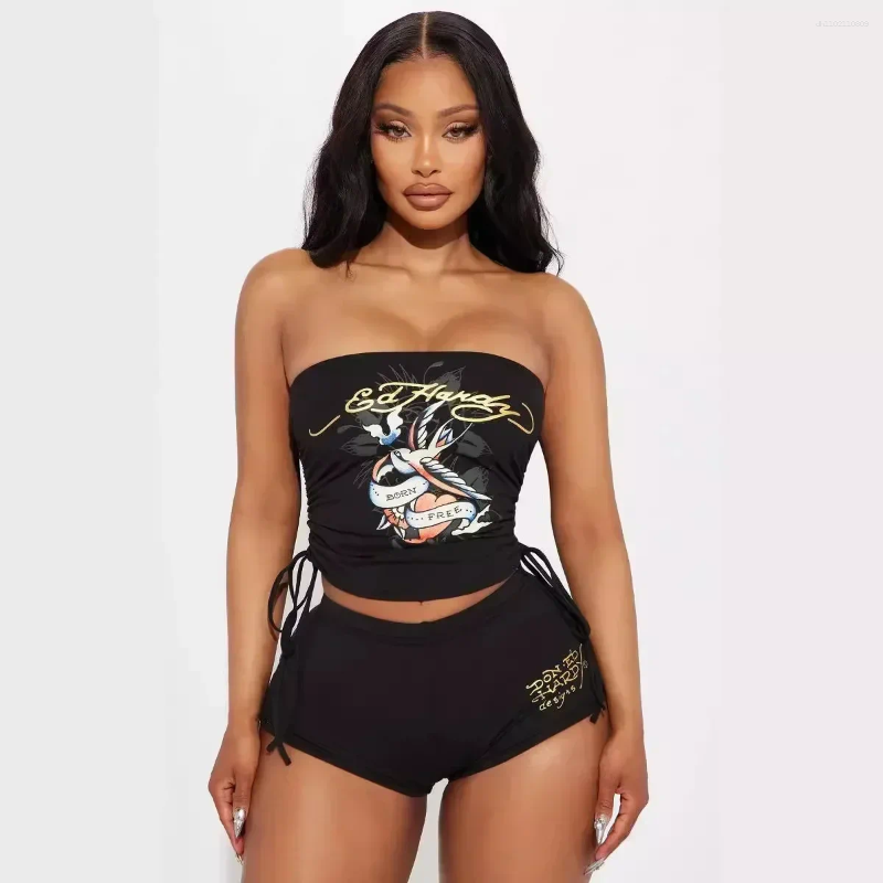 Women's Tracksuits European Style Strapless Crop Top And Shorts Set Print Streetwear 2025 Summer Sexy Matching Two 2 Piece Sets Outfits