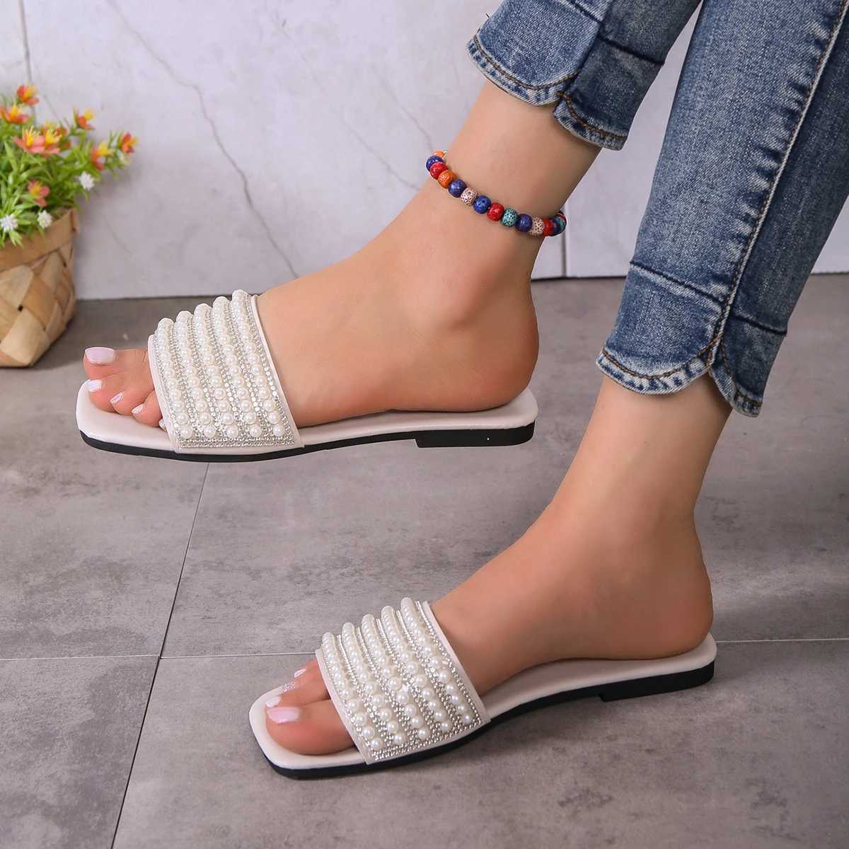 Womens fixed flat sandals with artificial pearls and Rhine decorative slidersXJ250407