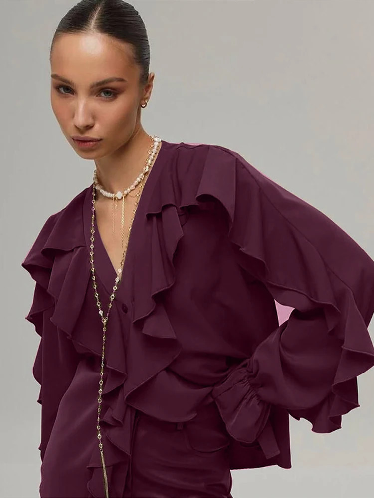 Fashion Chiffon Layered Ruffled Shirts For Women Elegant Single Breasted Puff Sleeve Blouse Female Street Lady Chic Tops 250311