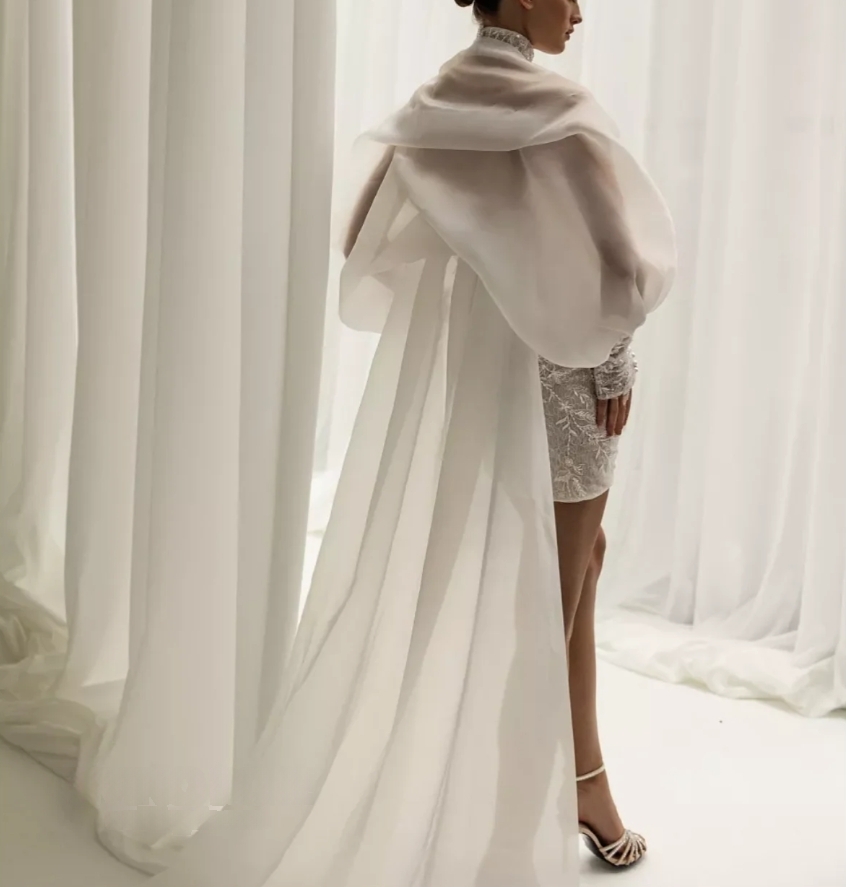 2025 Lace Short Sheath Wedding Dresses With Wrap High Collar Long Sleeves Boho Beach Bridal Gowns Appliques Beading Stylish Civil Bride Dress Back Lac