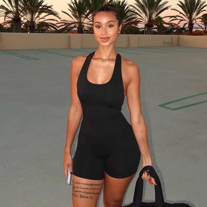CUTENOVA Women's Spring And Summer Wide Straps Waist Drawstring Tie Undershirt Hollow Out Backless Playsuits Sport Yoga Playsuit