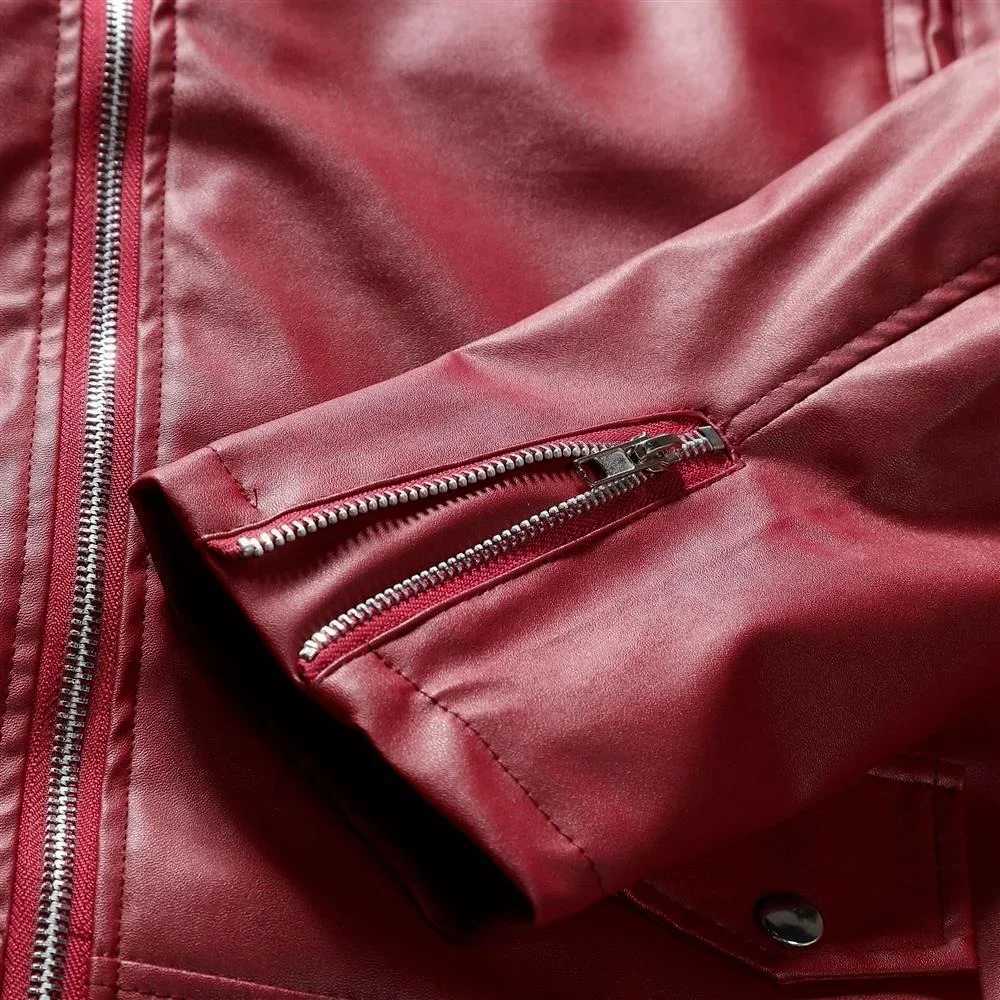 Men PU Leather Jacket Solid Color Casual Slim-Fit Zipper Long Sleeve Turn-Down Collar Motorcycle Leather JacketCoat Men ClothingT250311