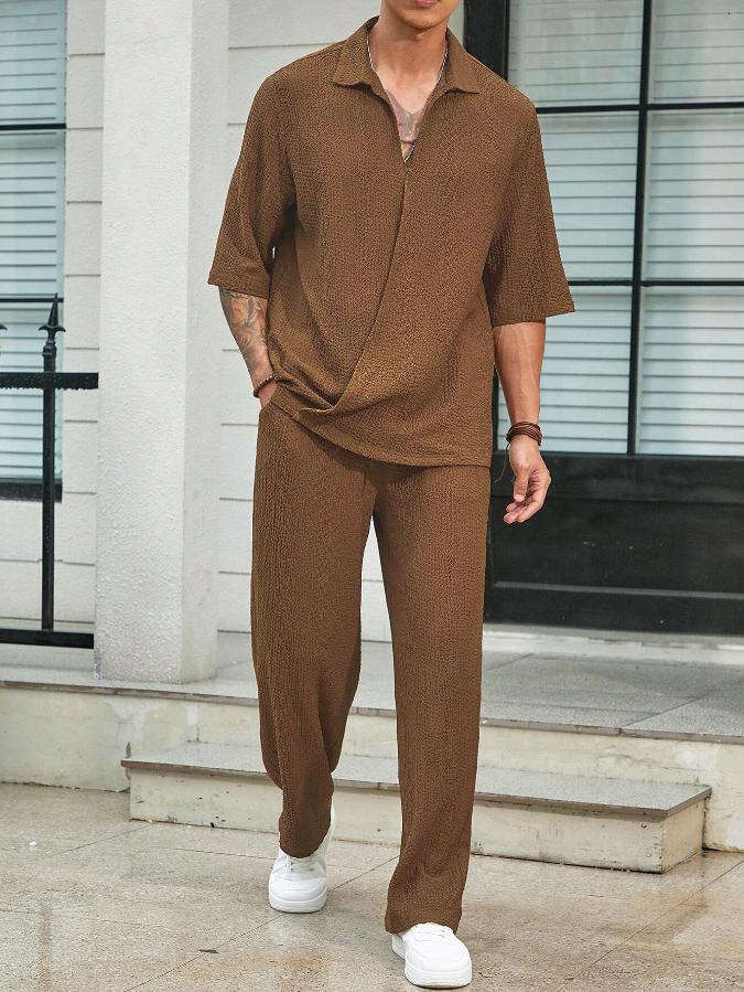 European American commuting shirt solid color short sleeved pants men's two-piece casual suit 2025 new style chic and elegant clothing