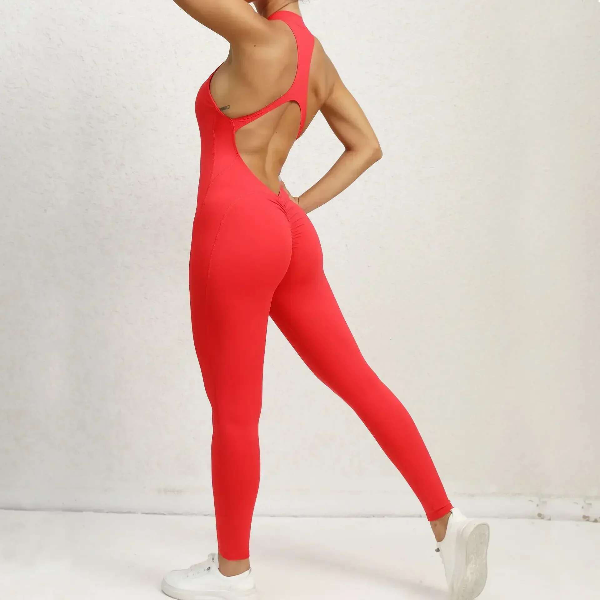 Sexy Hollow Backless Bodycon Scrunch Sport Jumpsuit Raises Butt Woman One Piece Gym Set Sleeveless Zipper Yoga Fiess Overalls