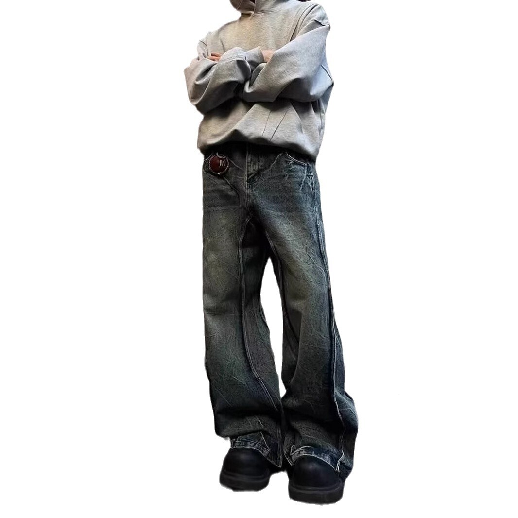 American High Street Straight Tube Lightning Pattern Jeans Wash And Splice Design Multifunctional Fashion Designer Original High quality Men s Pants C