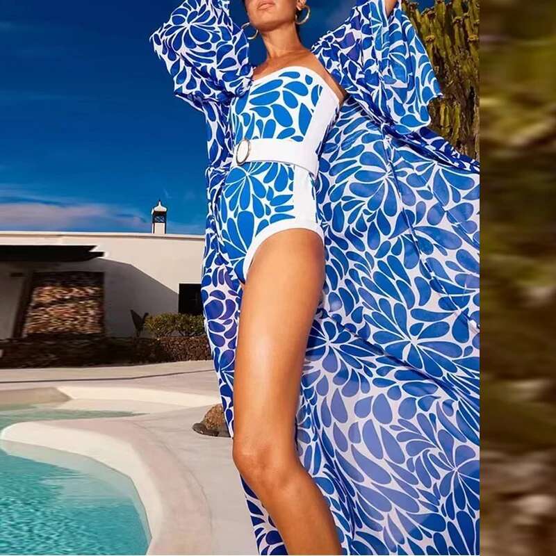 Women's European And American Style 2-Piece 2025 Graphic Cover Beach Cardigan&Tight Bodysuit Female Swimwear Bikini Set
