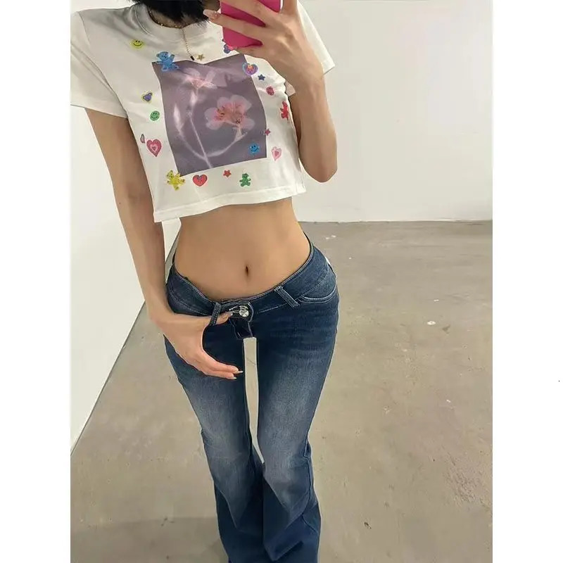 Retro Lace Low-waist Micro-flared Jeans for Women Y2k European and American Washed Jeans Casual Fashion Trend Trousers 250306