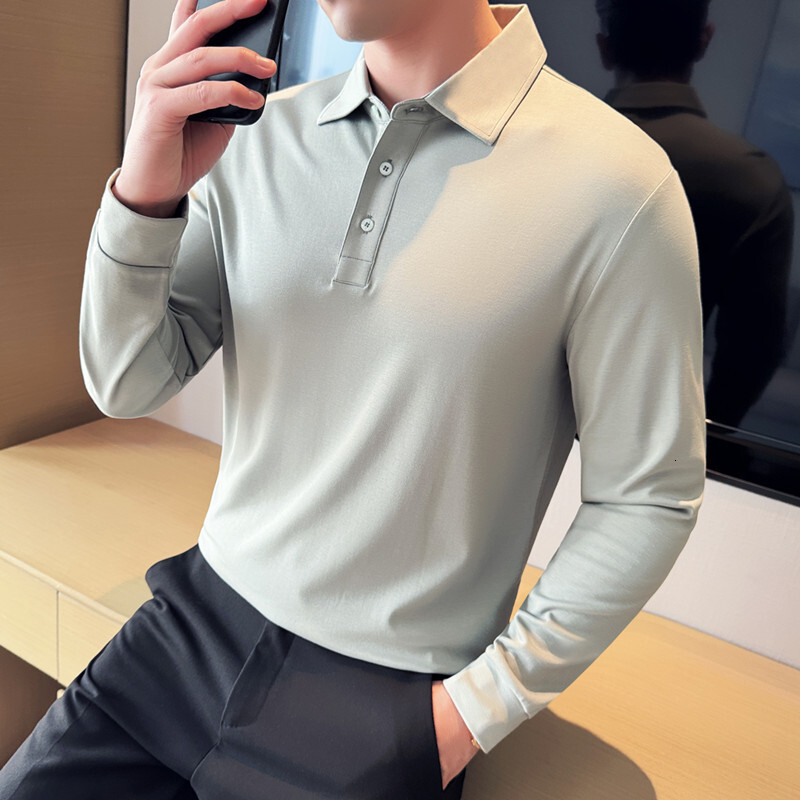 Long sleeved polo shirt, business casual lapel T-shirt, high-end sense, autumn and winter solid color trendy men's clothing tracksuit