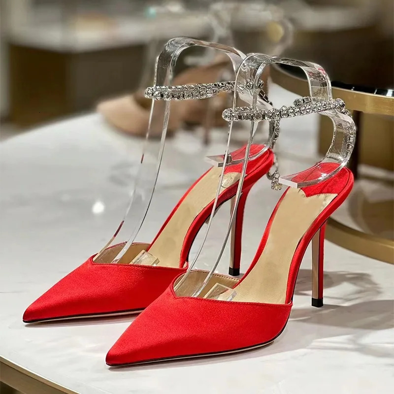 Satin Pumps Crystal Pendant One Word Rhinestone Chain High Heels Pointed Thin Heel Sexy Sandals Wedding Shoes 250310