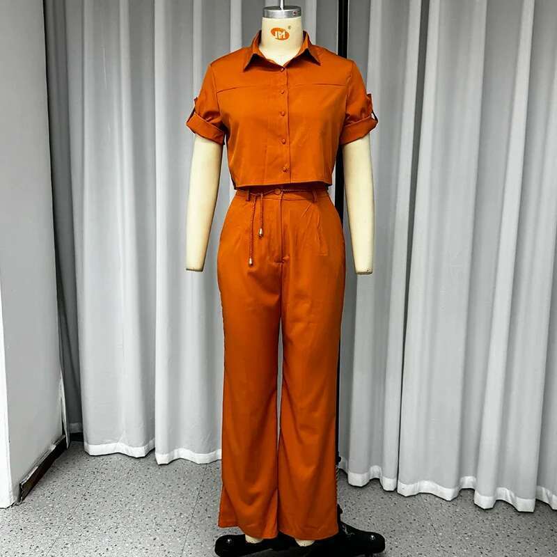 Wefads Two Piece Women Summer Casual Solid Lapel Single Breasted Button Short Sleeve Top With Belt Wide Legs Pants Set