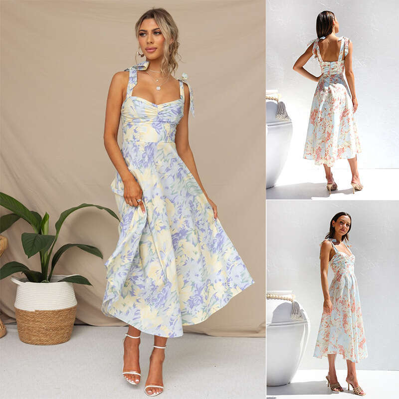 European and American slim fit slimming waist cinched V-neck suspender print medium long dress for women 2025 new style temperament chic elegant cloth