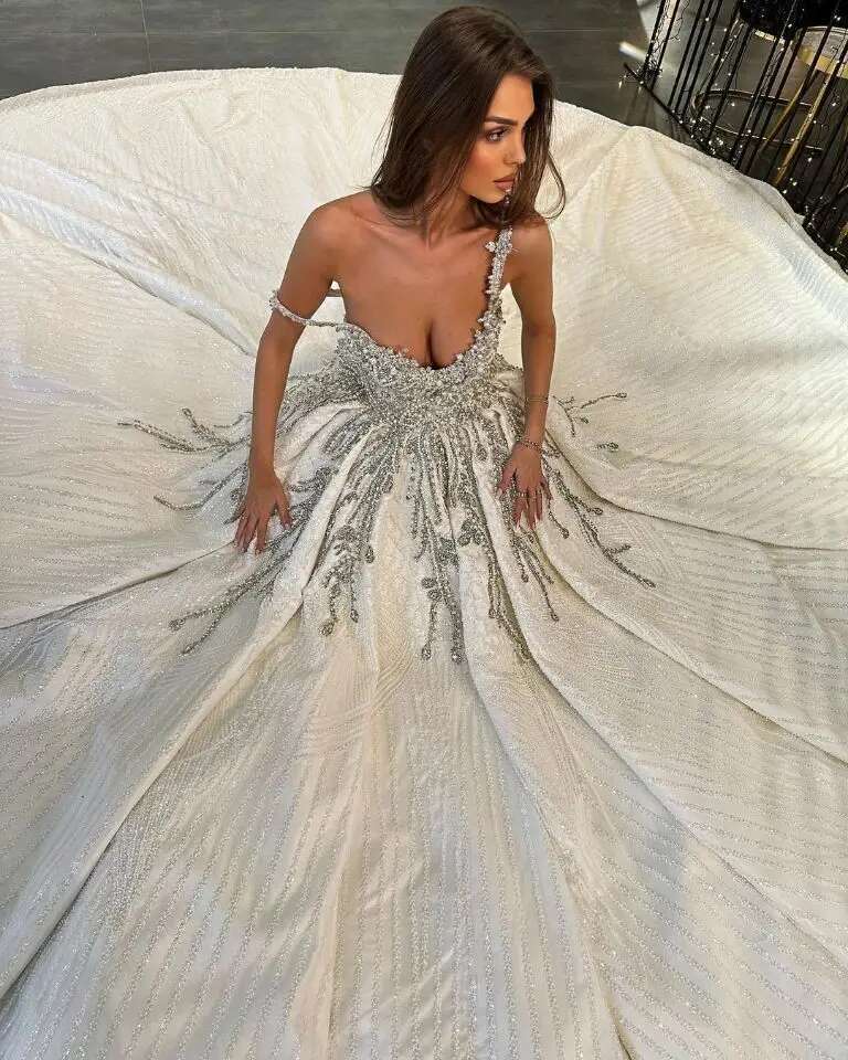 Brilliant Arabic Crystal Dresses Ball Gown Spaghetti Ribbons Applique Wedding Dress Lace Made to Order