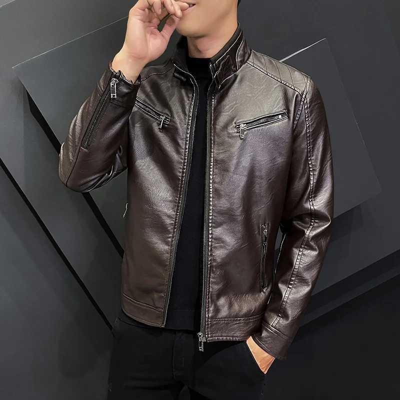 New Zipper Stand Windproof Leather Coat Mens Motorcycle Leather Jacket Slim Fit Short-Coat Lapel PU Jackets Autumn Mens ClothingT250311