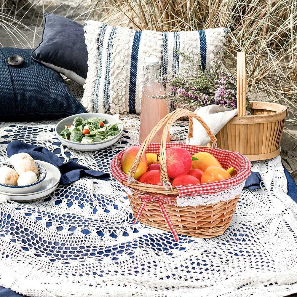 Picnic basket in red with handle large accessory basket round fruit blanket foldable table cooler for shopping X250311