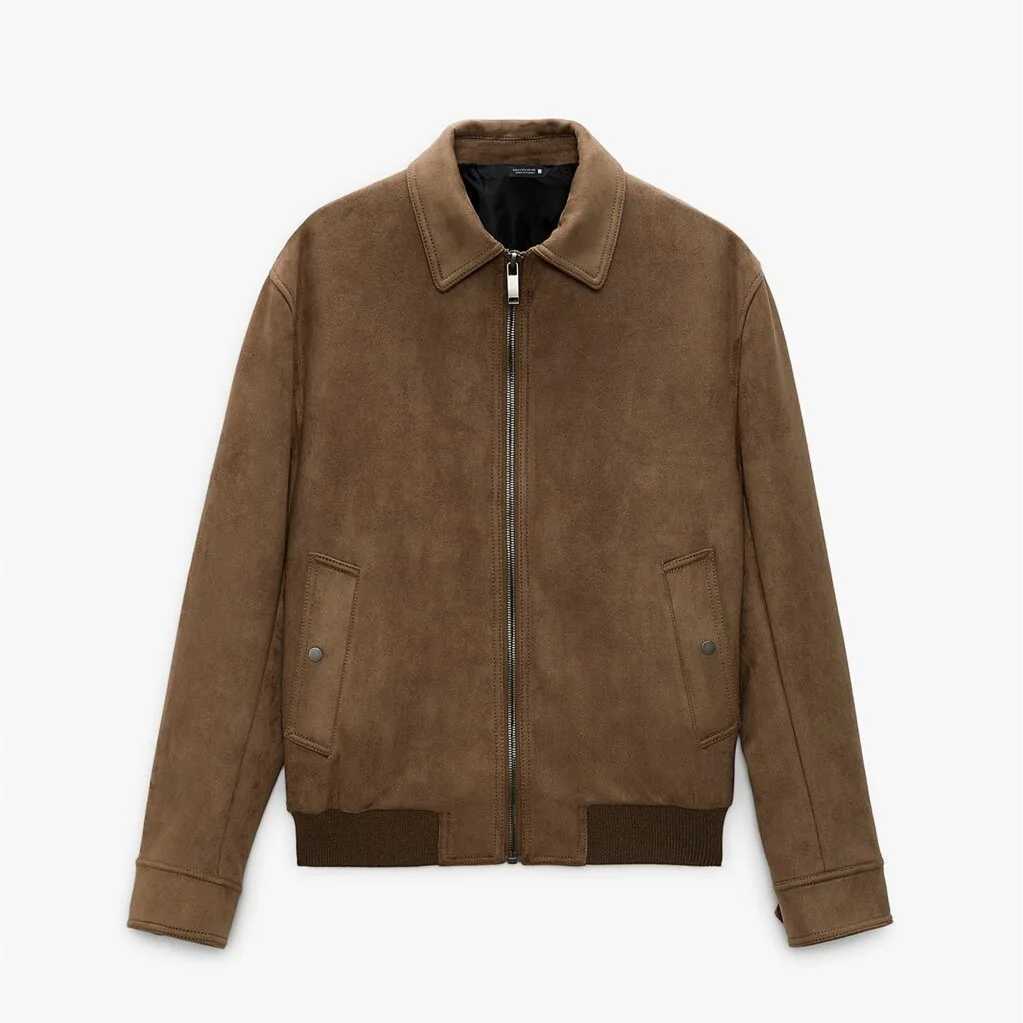 Mens Suede Texture Effect Zipper Jacket Fashion Casual Lapel Outerwear Tops for MenT250311