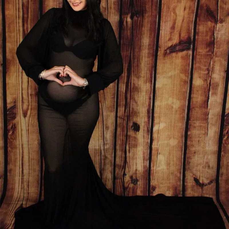 Maternity Sexy See Through Dress Mesh Turtleneck Lantern Long Sleeve Dress For Photography (Underclothes Not Included) X250224