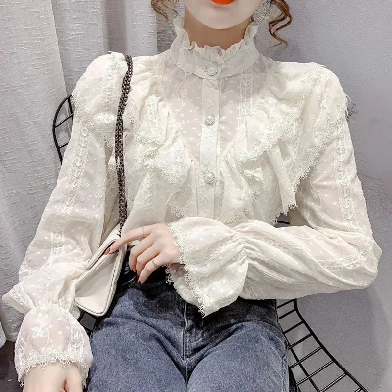 Long sleeved loose spring fashion button white shirt elegant collar pleated top casual lace blue 15832 250310
