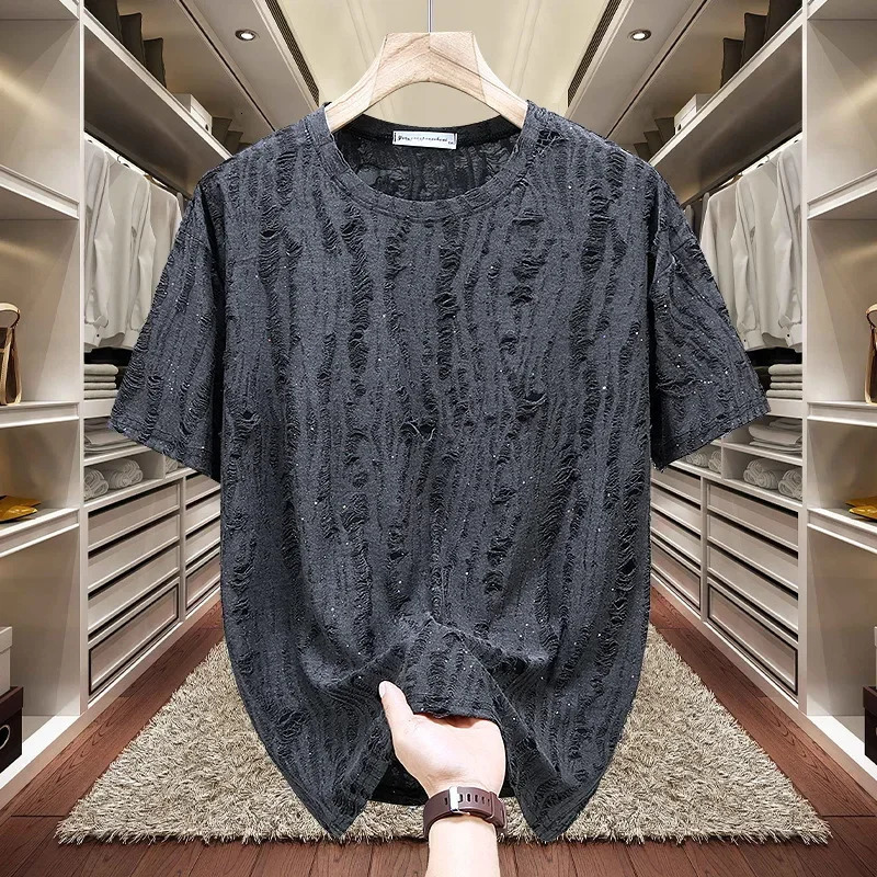 Short Sleeved T-shirt for Men 130KG Full Sky Star Diamond High Quality Casual Streetwear Tshirt O-Neck Plus Size Top 8xl 250310